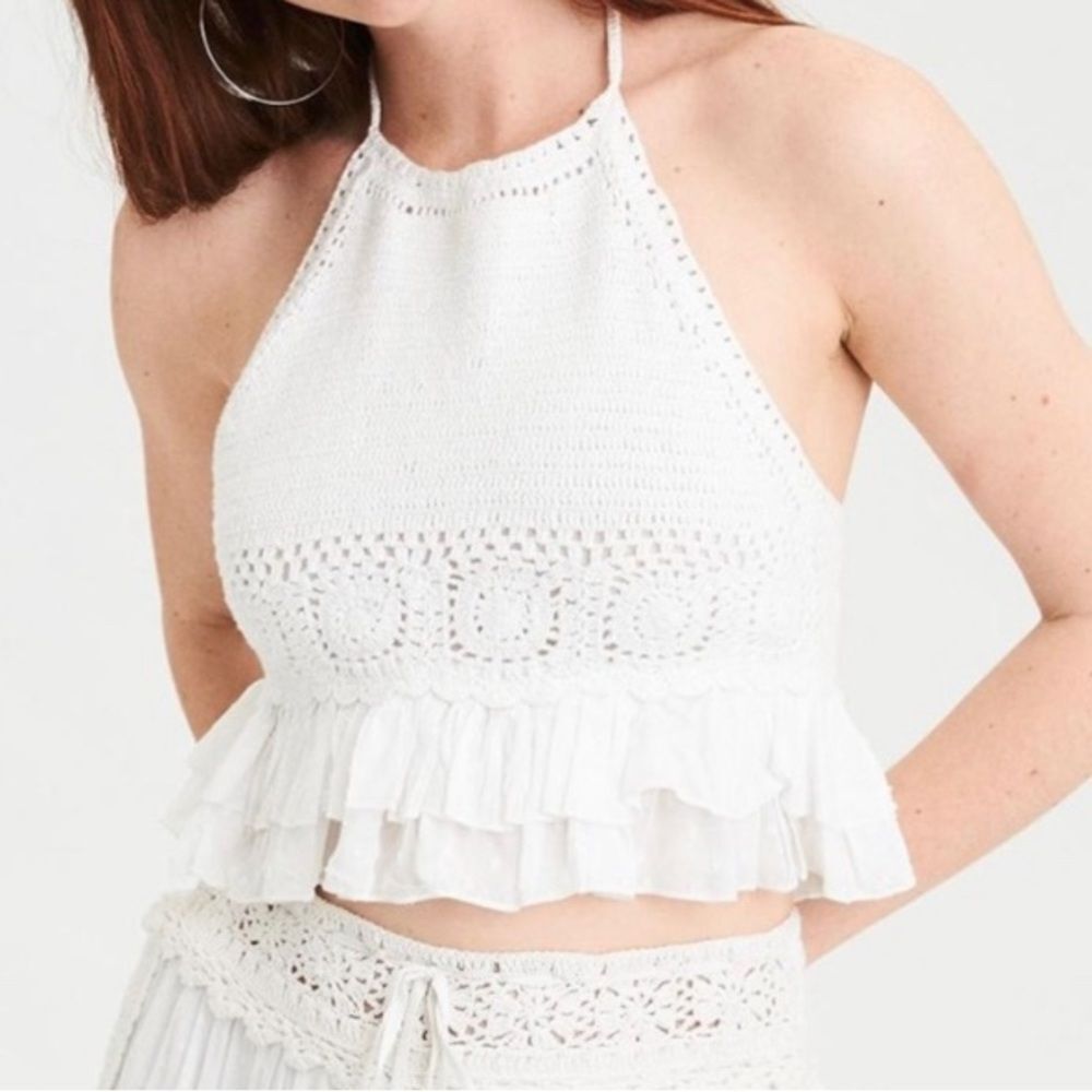 American Eagle White Crochet Halter Top